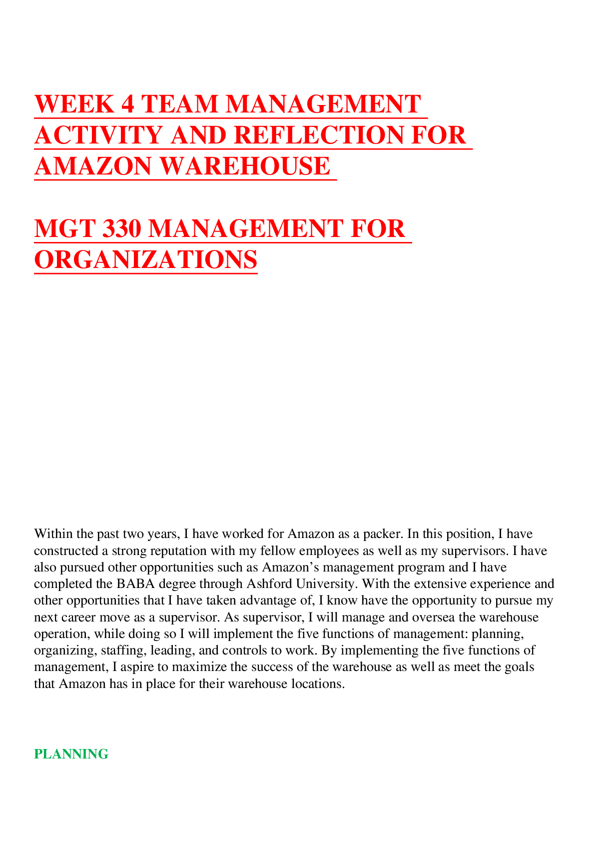 Preview image for WEEK 4 TEAM MANAGEMENT ACTIVITY AND REFLECTION FOR AMAZON WAREHOUSE   MGT 330 MANAGEMENT FOR ORGANIZATIONS